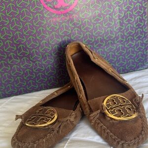 Tory Burch Brown Moccasins with Gold Emblem